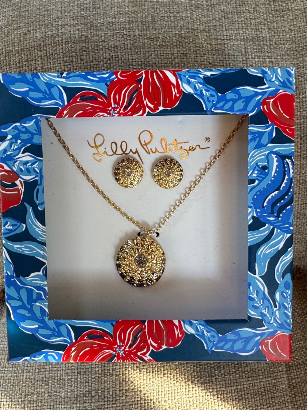Lilly Pulitzer Gold Crystal Round Pendant Necklace and Studs
